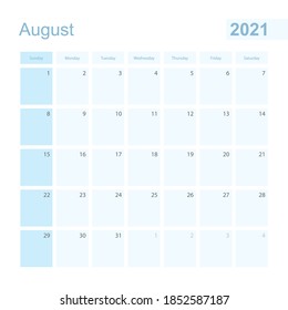 2021 August wall planner in blue color, week starts on Sunday. Calendar for August 2021 with day of previous and next month.