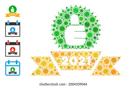 2021 award ribbon coronavirus mosaic icon. 2021 award ribbon collage is shaped of scattered infection icons. Bonus icons are added. Flat style.