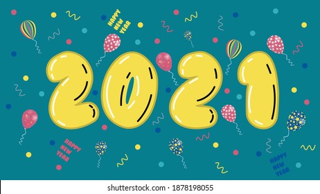 2021 balloon decoration holiday on trendy background. Shiny party background. Balloons numeral 2021 festive objects, glitter confetti. Happy new year 2021