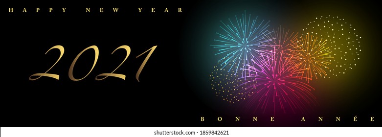 2021- Banner or poster for New Year's greetings in the atmosphere of nocturnal parties with fireworks - French text, English, translation: happy new year.