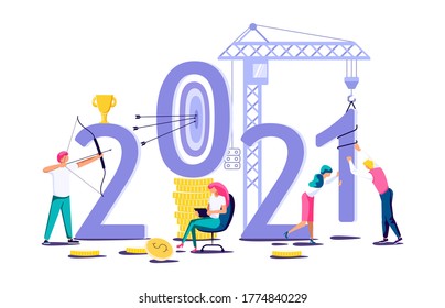 2021 banner template. Business people build new year concept. Isolated on white. Flat Art Vector Illustration
