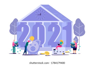 2021 banner template. Business people build new year concept. Isolated on white. Flat Art Vector Illustration