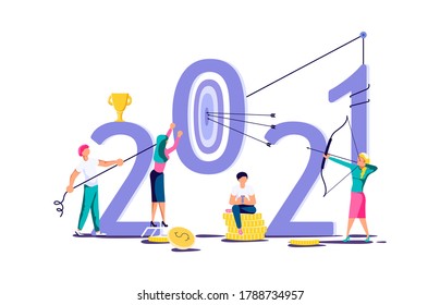 2021 banner template. Business people build new year concept. Isolated on white. Flat Art Vector Illustration