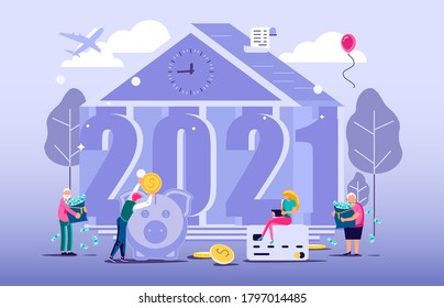 2021 banner template. Business people build new year concept. Isolated on white. Flat Art Vector Illustration