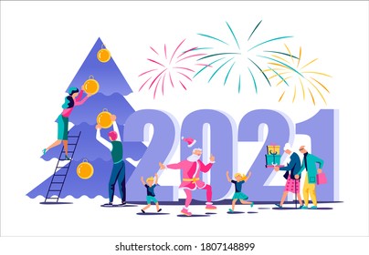 2021 banner template. Business people celebrate new year concept. Isolated on white. Flat Art Vector Illustration