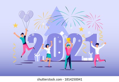 2021 banner template. Business people celebrate new year concept. Isolated on white. Flat Art Vector Illustration