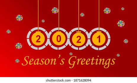 2021 baubles banner with multicolors balls and season's greeting text. Red background.