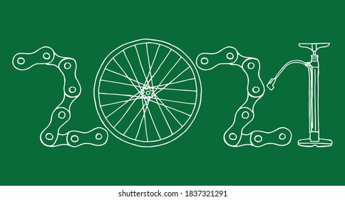 2021 Bicycle Happy New Year vector card illustration on green background