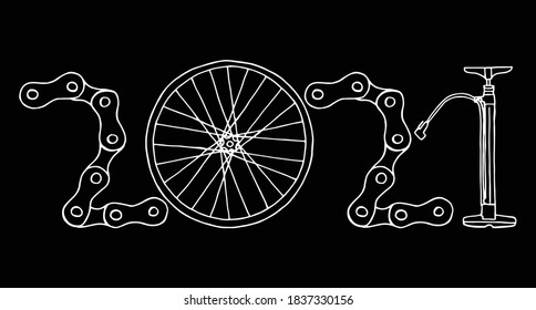 2021 Bicycle Happy New Year vector card illustration on black background