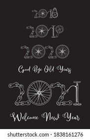 2021 Bicycle Happy New Year welcome vector card illustration on black background