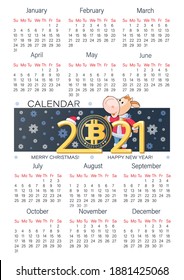2021. BITCOIN CALENDAR. BULL. Little calf. Chinese symbol of New Year. Cute bull with bitcoin 