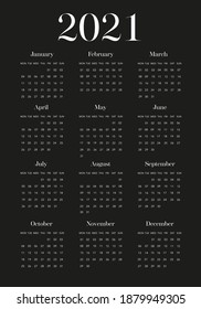 2021 black calendar template vector