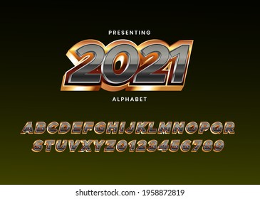 2021 black and gold text effect. shiny metallic font alphabet