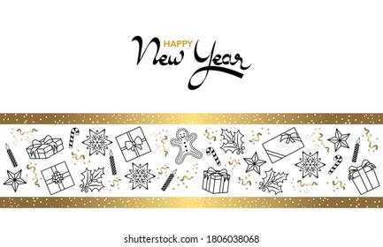 2021- black, white and gold greeting card with simple graphics decorated with holiday items.