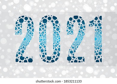 2021 blue bubble vector symbol on snowflake background. Happy New Year illustration for decoration, celebration, winter holiday, calendar, banner, design, snow pattern
