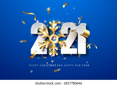 Antecedentes del Año Nuevo Azul 2021. fondo de vacaciones con copo de nieve dorado y fecha 2021. Ilustración vectorial para web.