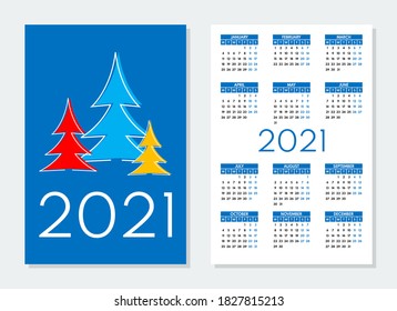 2021 blue pocket or wall calendar and cover with christmas trees