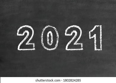 2021 bold numbers in handwritten thin stroke white chalk brush font, stock vector illustration clip art design element on grunge black chalkboard background for calendar, poster, flyer, card