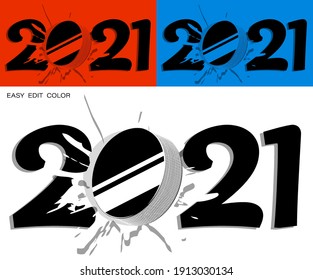 2021 in bright ice hockey style with sport black rubber puck and bright blot. Sports design element. Active lifestyle. Vector on white or color background with splashes