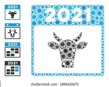 2021 bull calendar covid-2019 mosaic icon. 2021 bull calendar collage is created of randomized covid icons. Bonus icons are added. Flat style.