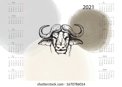 2021 bull calendar template, 12 Months. Yearly planner stationery classic design