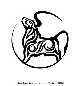 2021 bull Chinese sign of year. Ornamental isolated black silhouette of bull on a white background. Decorative vector stock illustration.