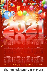 2021 calendar A4-A3 size red template with 3D numbers. vector