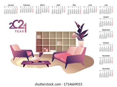 2021 calendar apartment interior english vector