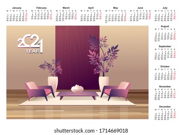 2021 calendar apartment interior english vector