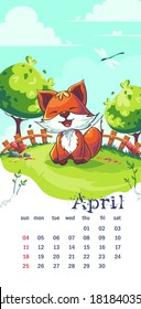 2021 Calendar April. Funny cartoon fox on the spring lawn. For print on demand, powerpoint and keynote presentations, advertisements and commercials, magazines and newspapers, book covers.