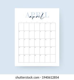 2021 calendar. April month. Layout for 2021 years. Week starts from Sunday. Wall calendar template for 2021 year. Planner diary in a minimalist style. Vector EPS 10. Isolated on background.