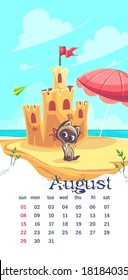 2021 Calendar August. Funny cartoon cat on the sand. For print on demand, powerpoint and keynote presentations, advertisements and commercials, magazines and newspapers, book covers.