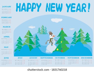 The 2021 calendar is blue with Christmas fir trees and a snowman in the center.