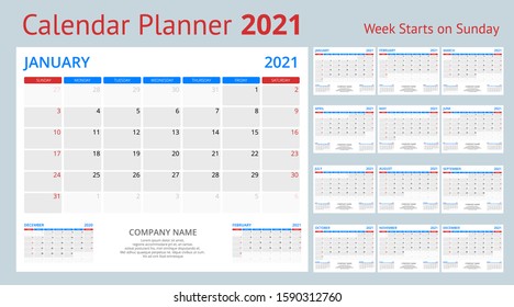 2021 Calendar, Business planner. Print Template with Place for Photo, Your Logo and Text. Week Starts Sunday. Portrait Orientation. Set of 12 Months. Planner for 2021 Year.