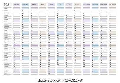 2021 Calendar, Business planner. Print Template with Place for Photo, Your Logo and Text. Week Starts Sunday. Portrait Orientation. Set of 12 Months. Planner for 2021 Year.