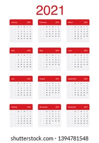 2021 Calendar Clean Minimal Simple Vector Design with a basic grid. Week Starts on Monday.