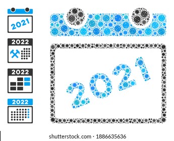 2021 calendar coronavirus mosaic icon. 2021 calendar collage is composed of randomized covid icons. Bonus icons are added. Flat style.