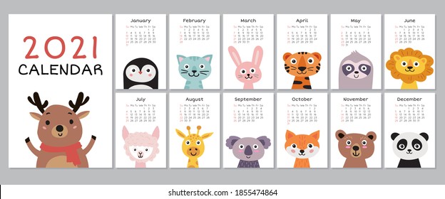 2021 Calendar With Cute Animals. Yearly Planner Calendar With All Months.