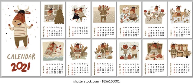 2021 Calendar with cute ox in cartoon style.