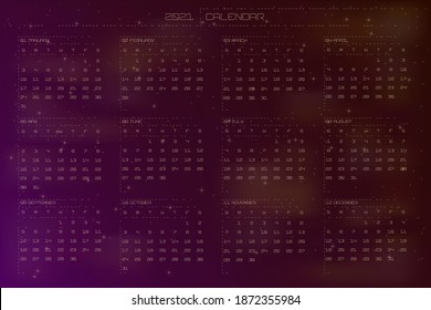 2021 calendar dark space astro style. Night cosmic violet orange gradient sky and shiny stars. Calendar design concept week starts on sunday