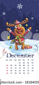 2021 Calendar December. Funny cartoon deer in night. For print on demand, powerpoint and keynote presentations, advertisements and commercials, magazines and newspapers, book covers.