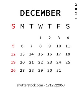 2021 calendar December month. Vector EPS 10. Isolated on white background