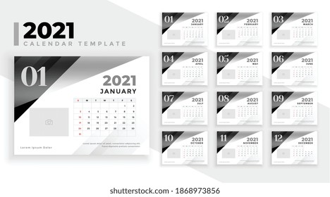 2021 calendar design in black and white stylw with image space