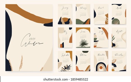 2021 Calendar Design In Bohemian Style. Modern Minimalist Abstract Aesthetic Illustrations.