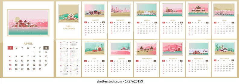 2021 calendar design. Building and Landscape Architecture set. Twelve months calendar. Fourteen illustrations. Chinese New Year 2021 and every year of the lunar calendar. A detailed chronology of 2021