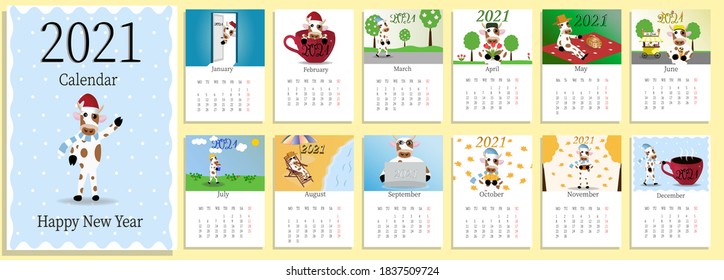 2021 calendar design with bull with hobbies in different seasons of the year. Calendar design concept with cartoon, cute bull or cow, new year symbol. Set of 12 months 2021 pages. Vector Illustration.