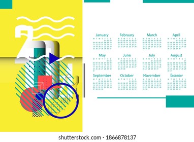 2021 calendar design, colors that use pop art colors, unique and modern.