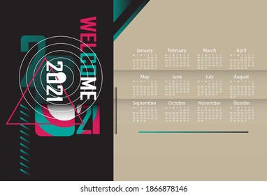 2021 calendar design, colors that use pop art colors, unique and modern.