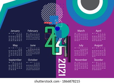 2021 calendar design, colors that use pop art colors, unique and modern.