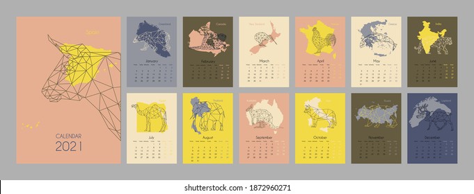 2021 calendar design in low polygonal style with animals and silhouettes of countries.